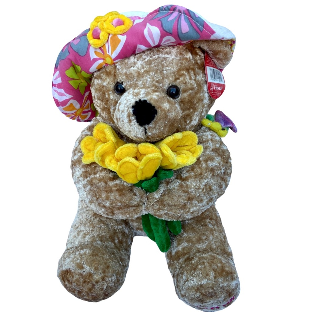 Fiesta Hawaii plush‎ chenille bear with hat holding yellow flowers
